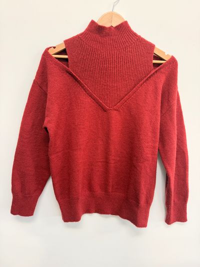 Red Knit Sweater With Turtleneck And V-Neck Overlay
