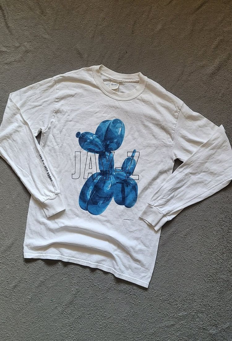 White Long Sleeve Shirt With Blue Balloon Dog Graphic