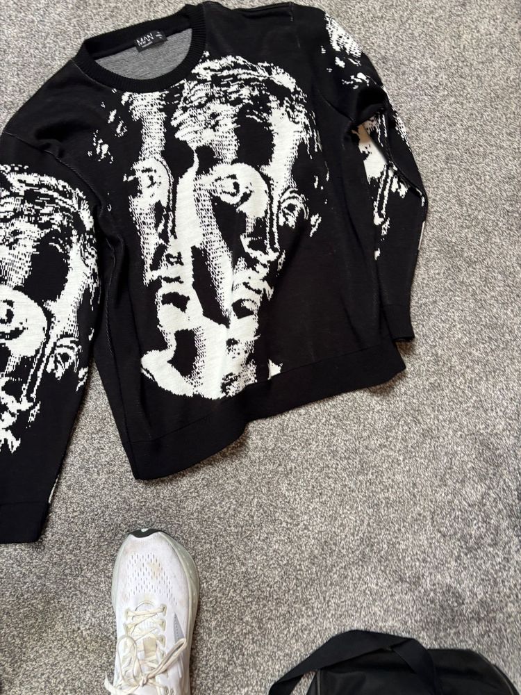 Black Sweater With White Abstract Face Pattern