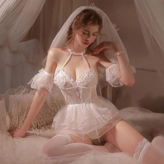 White Bridal Lingerie Set With Veil And Garter imagen 4