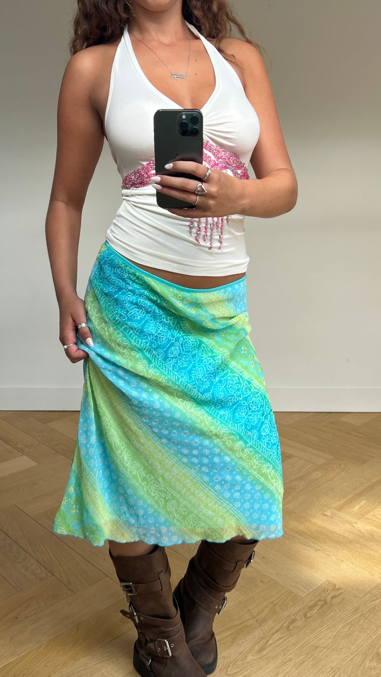 00s blue green mesh midi skirt- size M 2