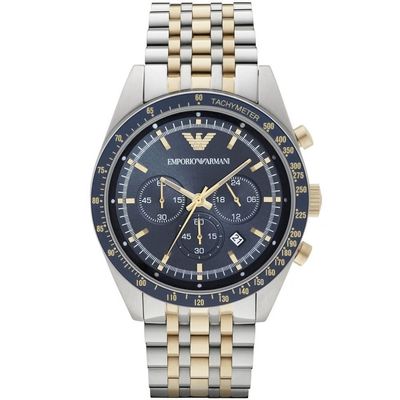 Emporio Armani Men's Watch Stainless Steel Silver & Gold Tone Strap With Navy Blue Dial AR6088 Tazio 1
