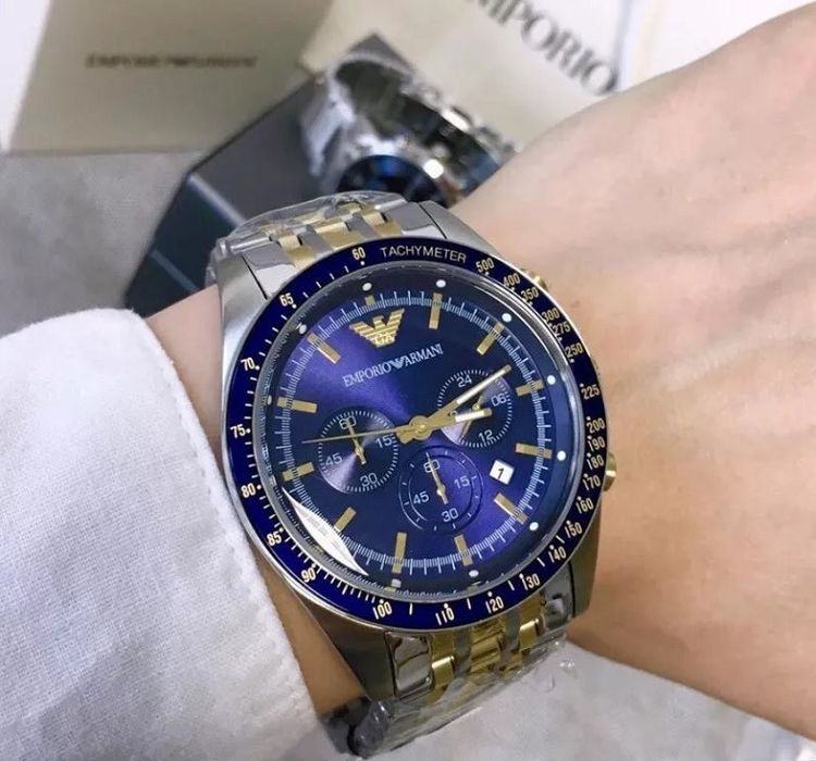 Emporio Armani Men's Watch Stainless Steel Silver & Gold Tone Strap With Navy Blue Dial AR6088 Tazio 4
