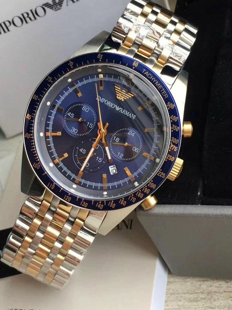 Emporio Armani Men's Watch Stainless Steel Silver & Gold Tone Strap With Navy Blue Dial AR6088 Tazio 6
