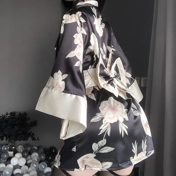 Black Floral Satin Kimono Robe With Matching Thong imagen 4