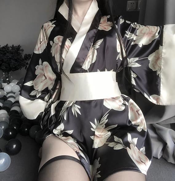Black Floral Satin Kimono Robe With Matching Thong imagen 6