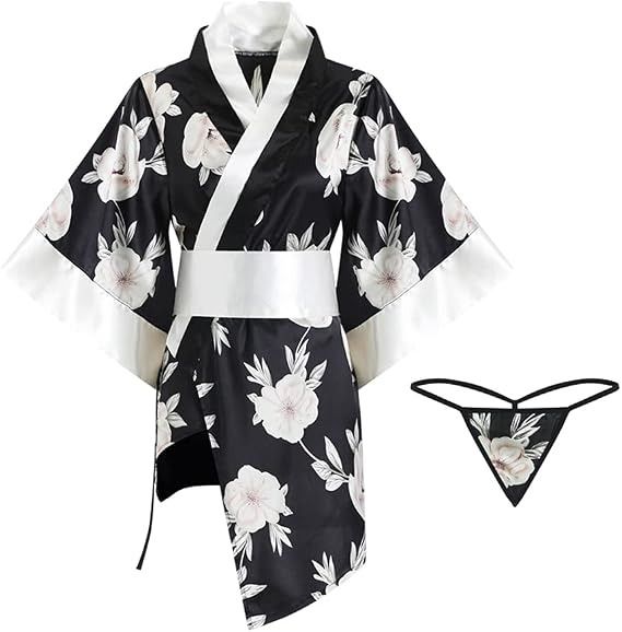 Black Floral Satin Kimono Robe With Matching Thong imagen 1