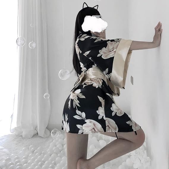 Black Floral Satin Kimono Robe With Matching Thong imagen 5