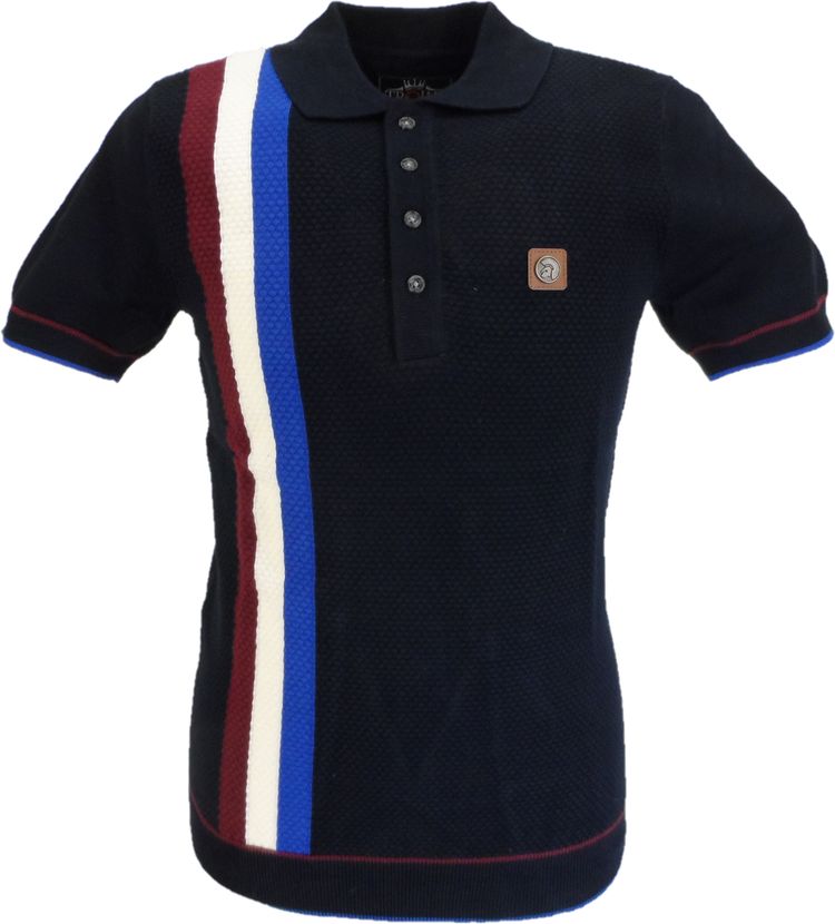 Polo Trojan Mens Navy Textured Racing Stripe Knitted Polo Shirt product image