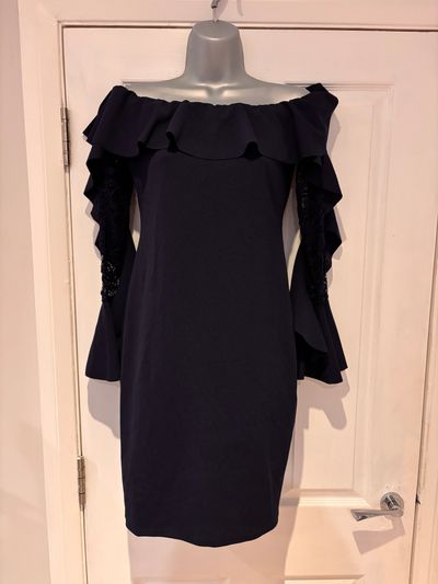 Quiz Navy Bardot Lace sleeves dress