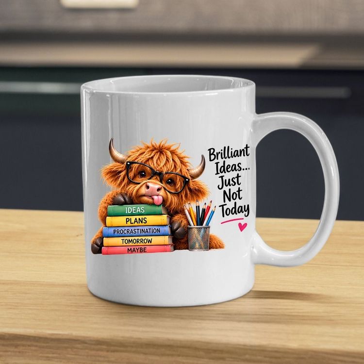 Other Humorous Mug Brilliant Ideas... Just Not Today Highland Cow 325ml Ceramic Coffee Mug – Cute Animal Tea Cup with Glasses, Stacked Books & Pencils | Available in Multicolours | Fast Dispatch by UK Seller (M1281) product image