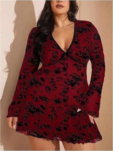 Red Floral Long Sleeve Dress image 1