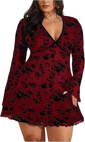 Red Floral Long Sleeve Dress image 3