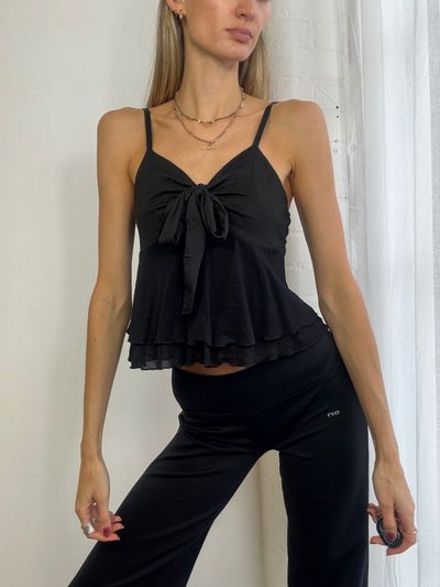 Black Sleeveless Top With Bow Detail