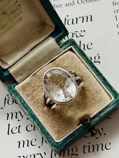 Vintage Sterling Silver Rock Crystal Quartz Ring – Large Oval Bezel Set Split Shank Statement Size L