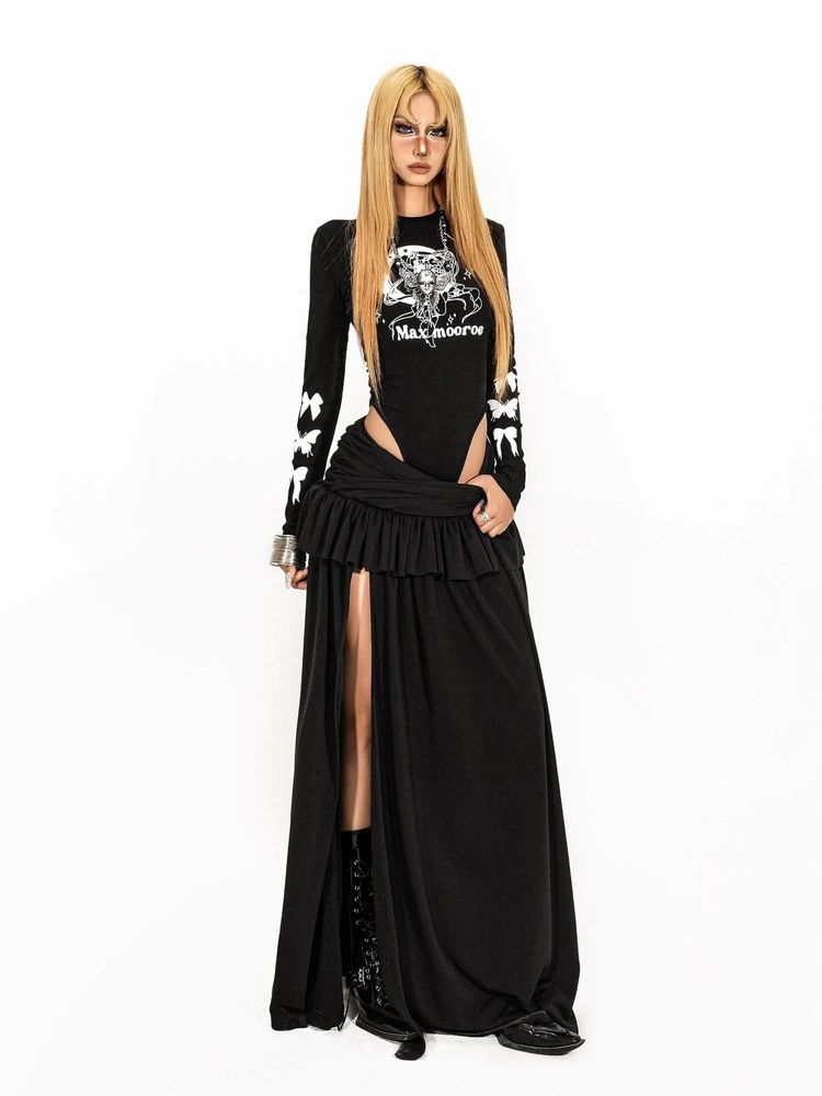 Maximoooro Black Long Sleeve Bodysuit With Skirt 4