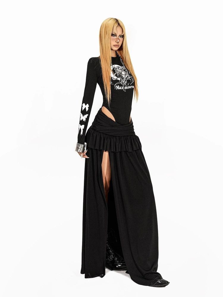 Maximoooro Black Long Sleeve Bodysuit With Skirt 2