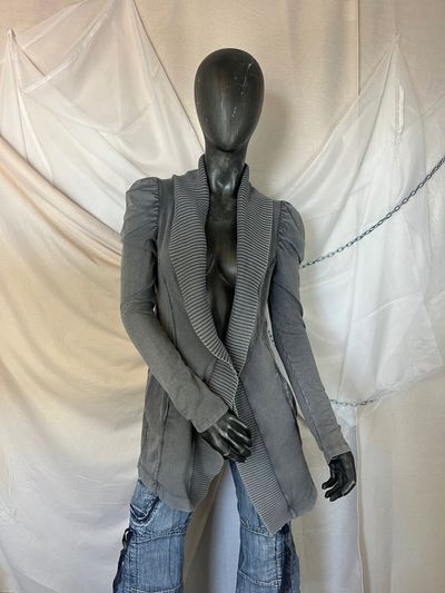 Grey Long Cardigan With Puff Sleeves