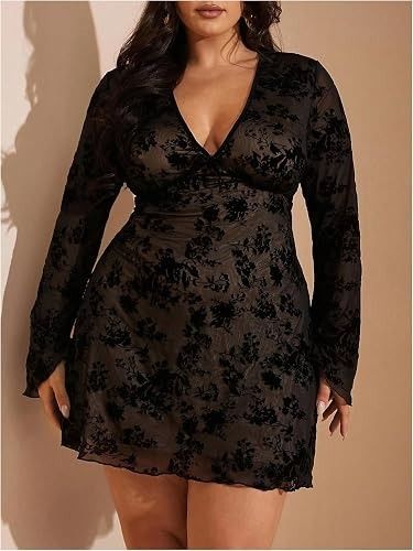 Black Floral Long Sleeve Mini Dress image 2