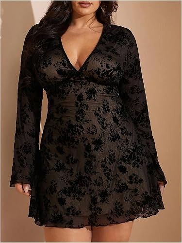 Black Floral Long Sleeve Mini Dress image 3