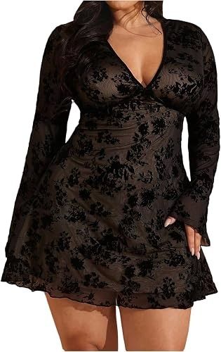 Black Floral Long Sleeve Mini Dress image 4