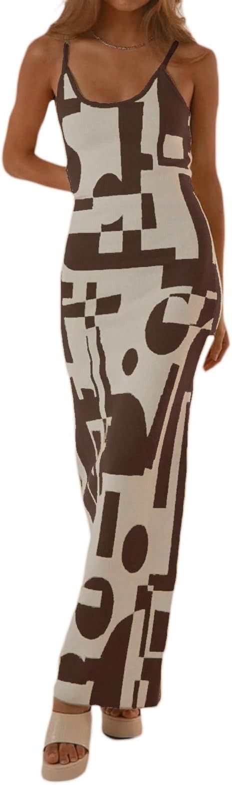 Brown And White Geometric Pattern Maxi Dress image 1
