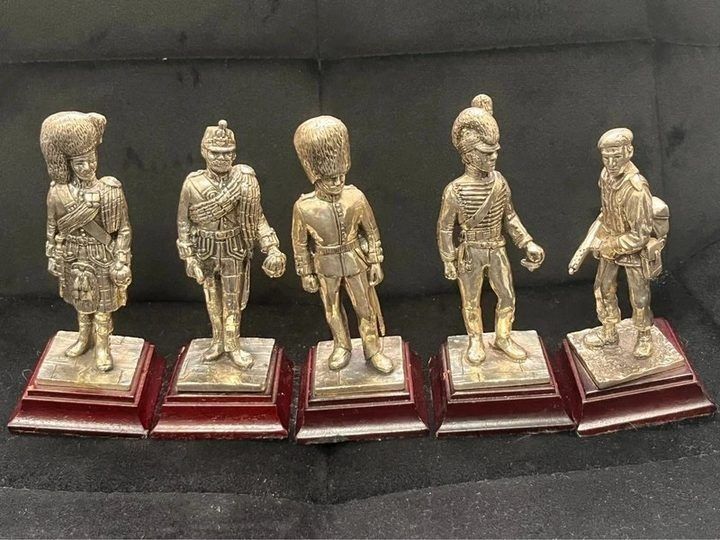 Set Of Five Metal Soldier Figurines On Wooden Bases image 1