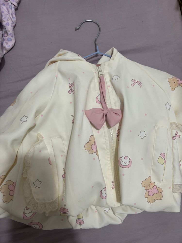 Cream Children'S Hooded Jacket With Teddy Bear And Cupcake Print image 1