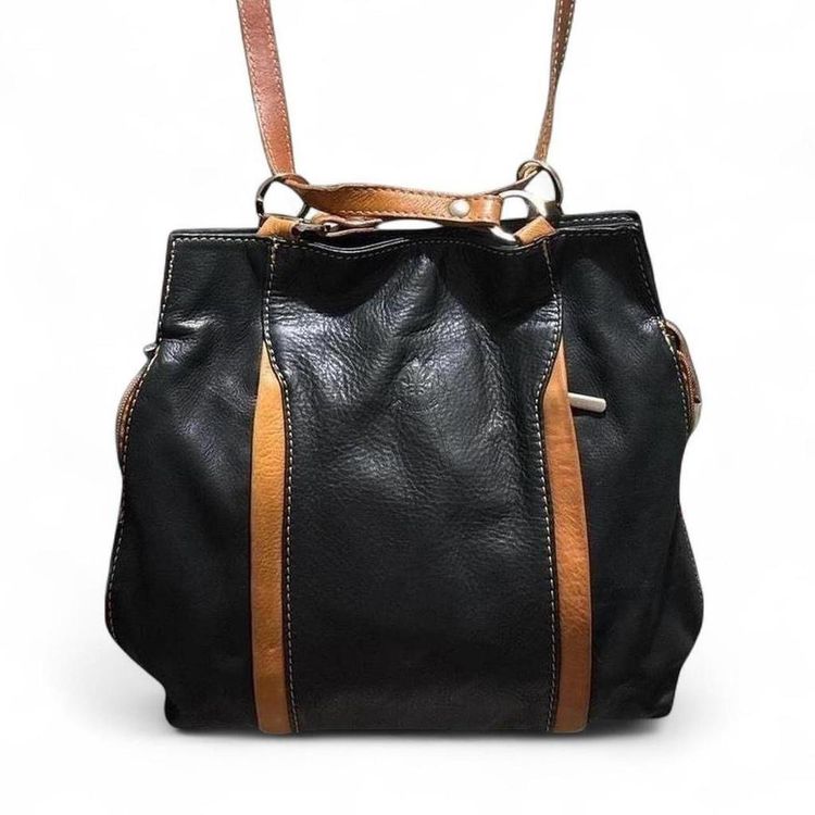Vintage Florence Black Leather Shoulder Bag With Brown Straps