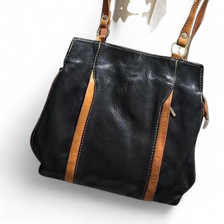 Vintage Florence Black Leather Shoulder Bag With Brown Straps image 3