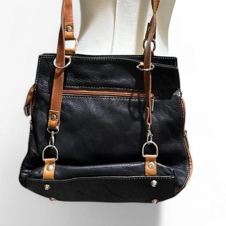 Vintage Florence Black Leather Shoulder Bag With Brown Straps image 4
