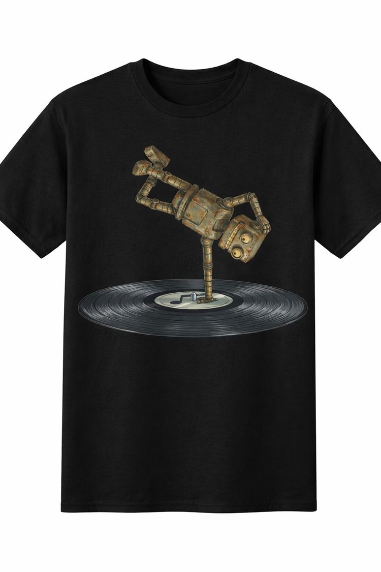 Black Graphic T-Shirt With Robot And Vinyl Record Design