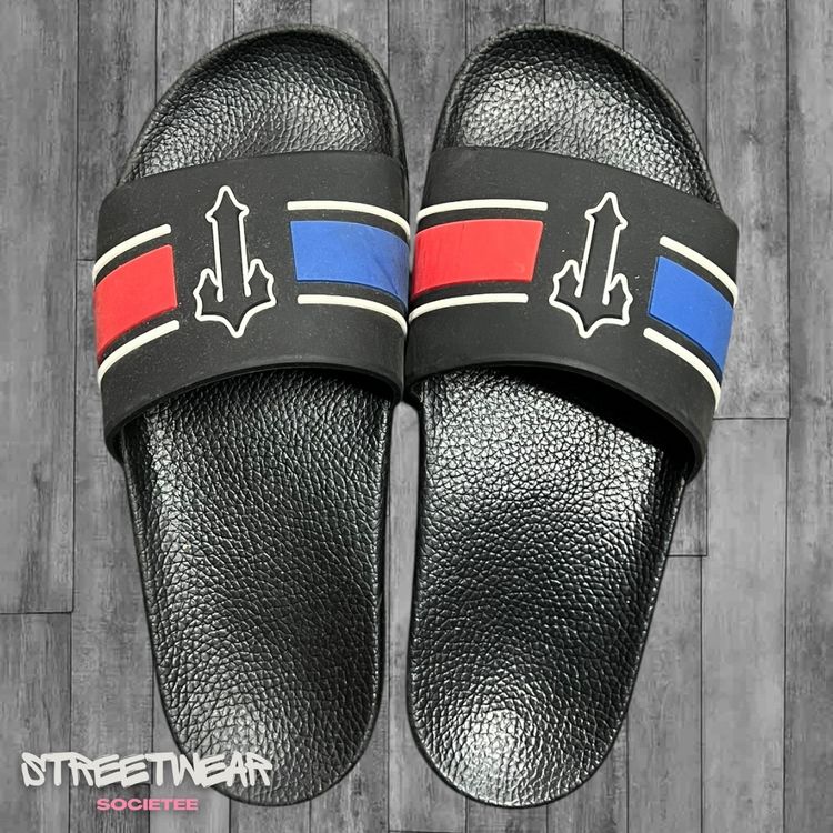 J/Slides black slides sandals with red and blue stripes product image