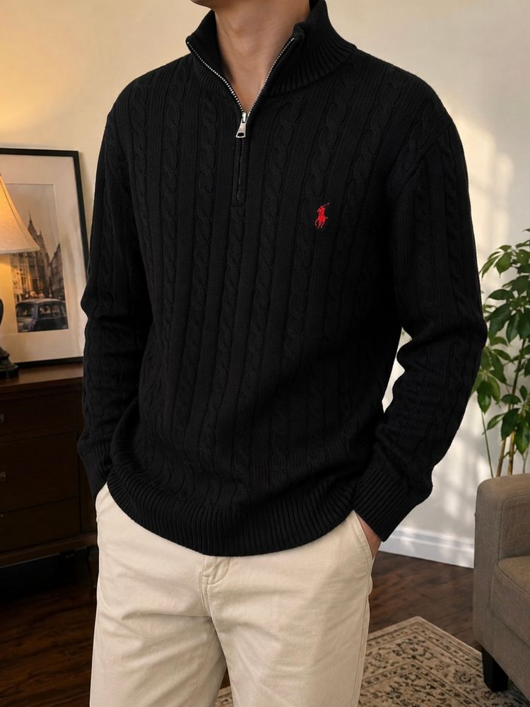 Polo Ralph Lauren Black Cable Knit Half-Zip Sweater
