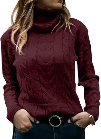 Burgundy Cable Knit Turtleneck Sweater image 1