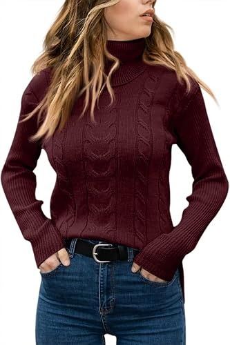 Burgundy Cable Knit Turtleneck Sweater image 2