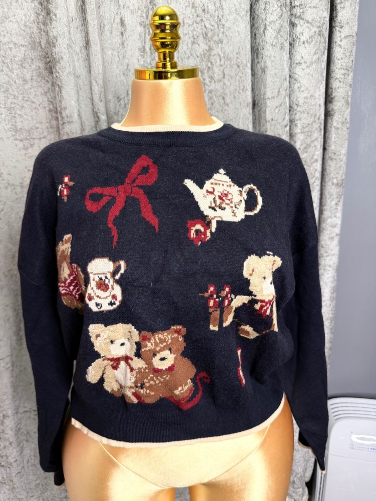 Black Sweater With Teddy Bear And Teapot Pattern