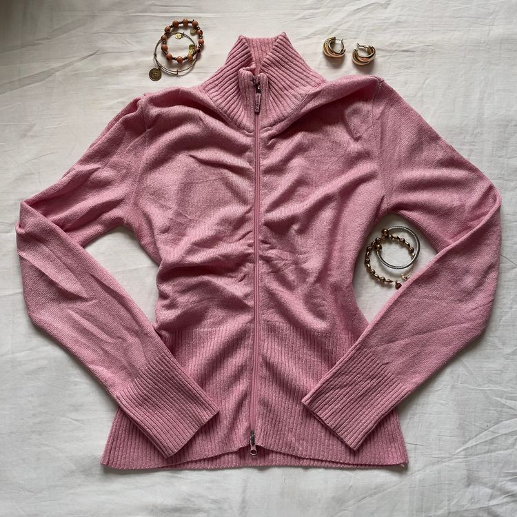 Y2K Baby Pink Knit Zip-Up Sweater image 2