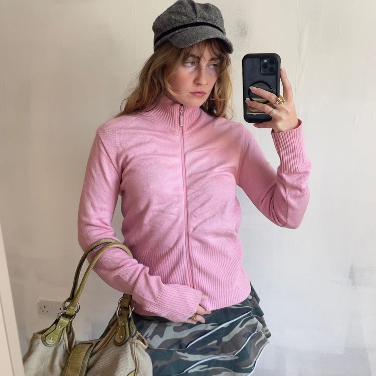 Y2K Baby Pink Knit Zip-Up Sweater image 1