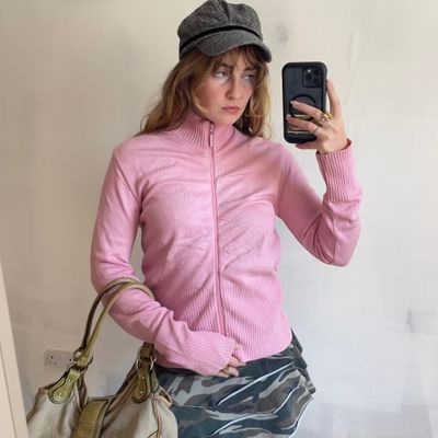 Y2K Baby Pink Knit Zip-Up Sweater