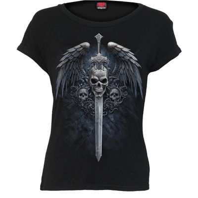 Spiral - ANGEL SWORD - Boatneck Cap Sleeve Top Black