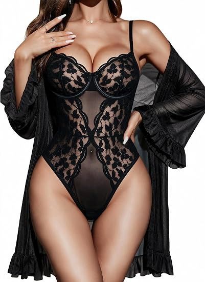 Black Lace Bodysuit With Sheer Robe image 1