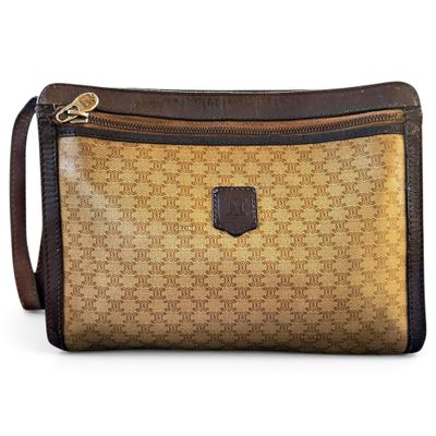 Vintage Celine Paris Pochette/Pouch in Beige Macadam Canvas & Brown Leather