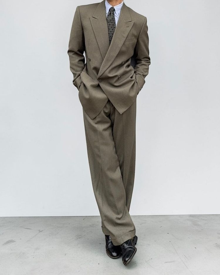 Giorgio Armani Giorgio Armani 1980s Double Breasted Herringbone Wool Pleated Suit - Size M Jacket / 32 Waist product image