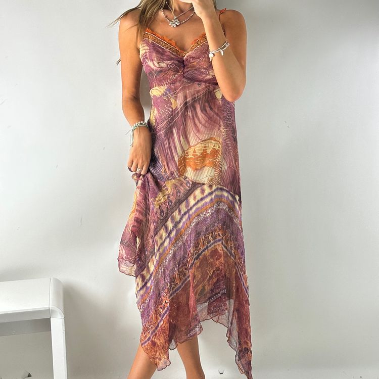 Silk Purple Patterned Midi Dress