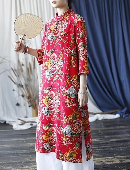 Red Floral Long Dress With White Pants image 4