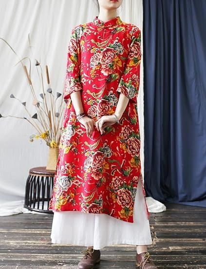 Red Floral Long Dress With White Pants image 1