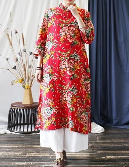 Red Floral Long Dress With White Pants image 3
