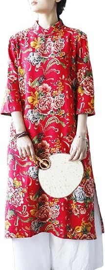 Red Floral Long Dress With White Pants image 2