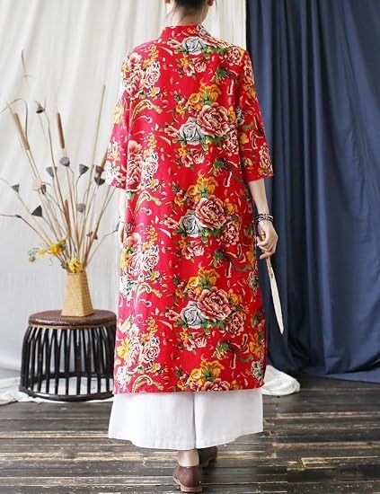 Red Floral Long Dress With White Pants image 5